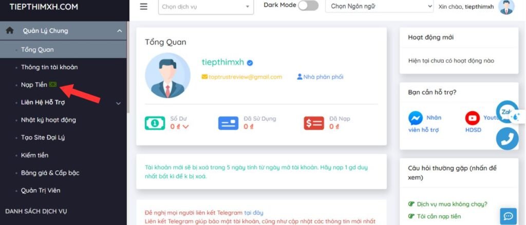 Nạp tiền vào tài khoản trên tiepthimxh.com